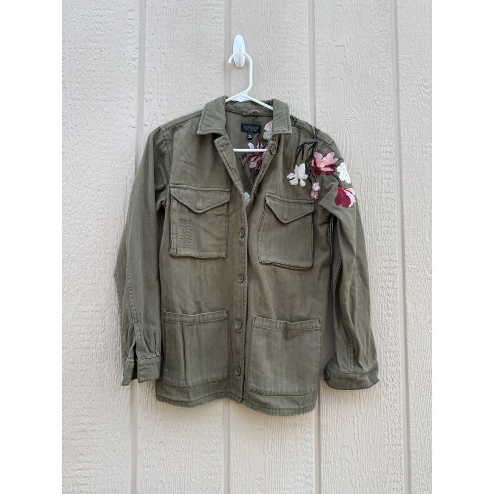 Topshop US 2 Utility Jacket Floral Embroidered Cotton Olive Green Shacket